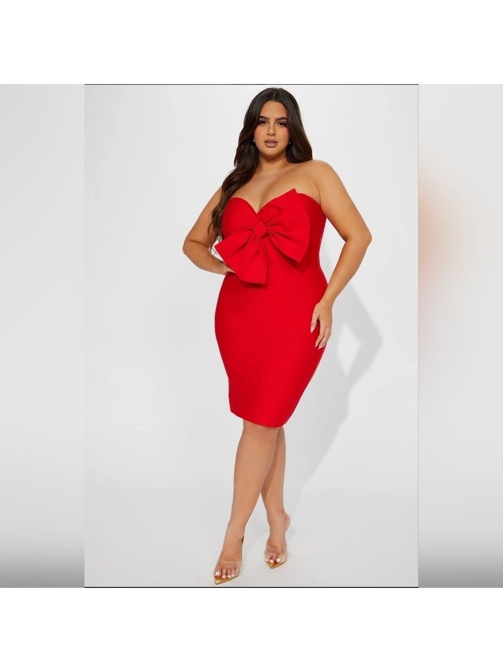 Red Bow Strapless Bodycon Dress Party Cocktail Club Midi, Medium Size